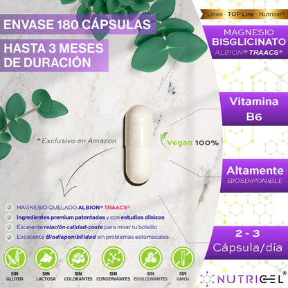 Magnesio Bisglicinato Albion® TRAACS® + Vitamina B6 Nutricel 180 cápsulas