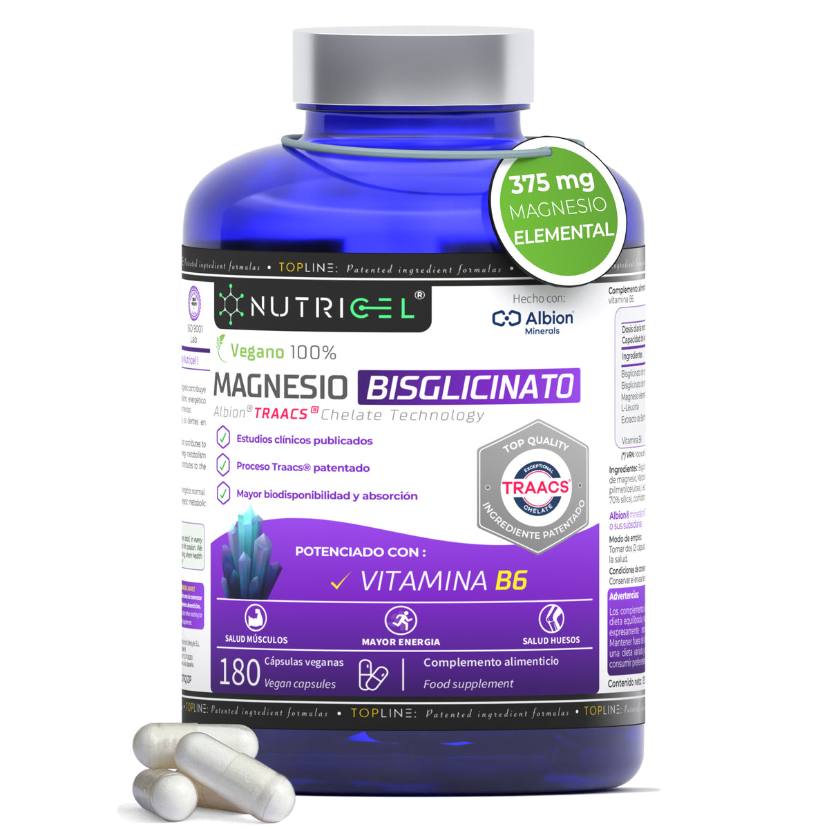 Magnesio Bisglicinato Albion® TRAACS® + Vitamina B6 Nutricel 180 cápsulas