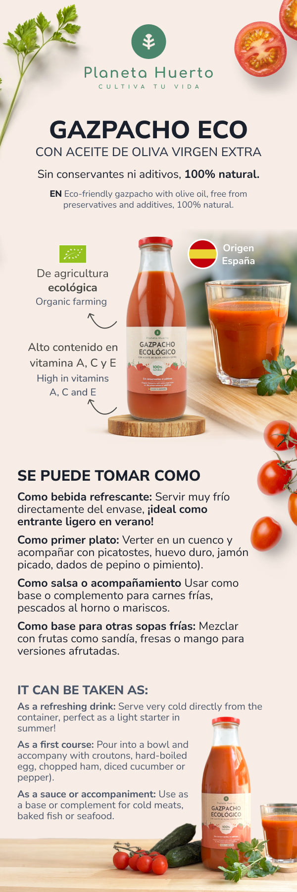 Pack de 3 gaspachos biológicos tradicionais com Planeta Huerto EVOO 1L