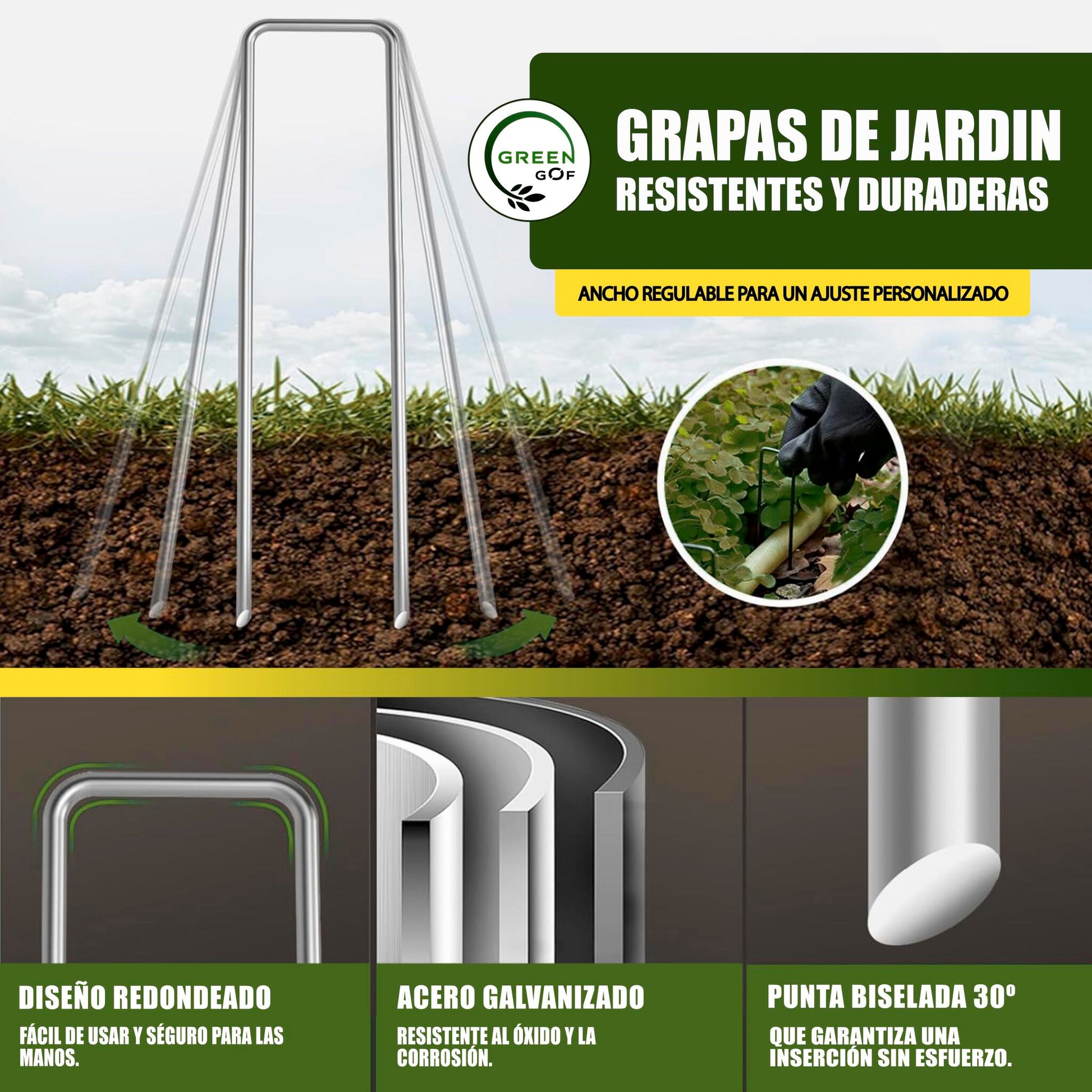GREEN GOF 500 Grapas Para Malla Antihierba, Cesped Artificial Y Jardin. Acero Galvanizado, 15x4cm, Ø3mm._1