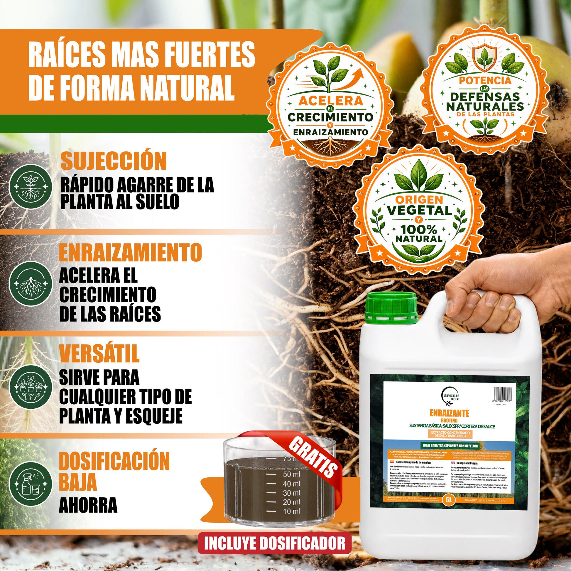 GREEN GOF Enraizante Líquido, 5L. Orgánico con Hormonas Naturales. Estimula y Aumenta el Crecimiento de Raíces._1
