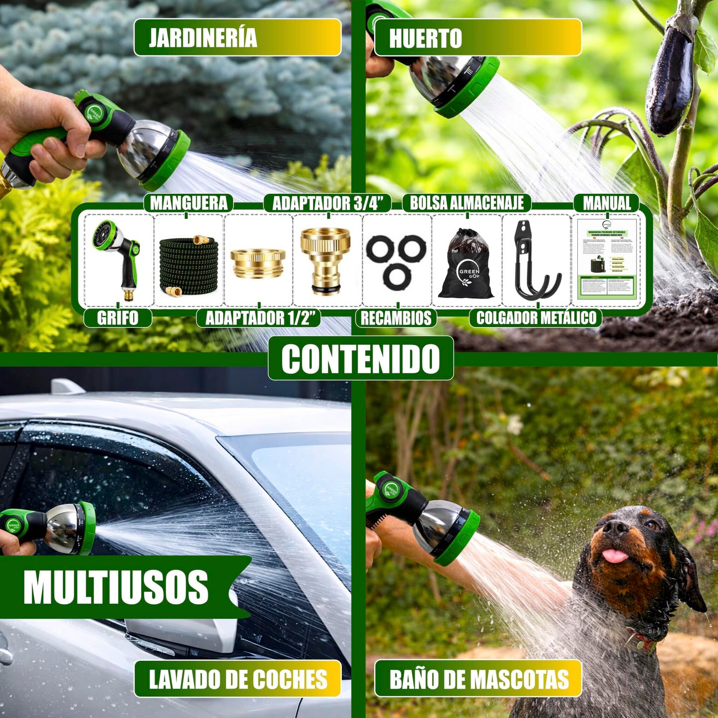 GREEN GOF Manguera De Jardín Premium 15m. 10 Funciones Pulverización, Ligera, Extensible. Alta Resistencia. Verde._4