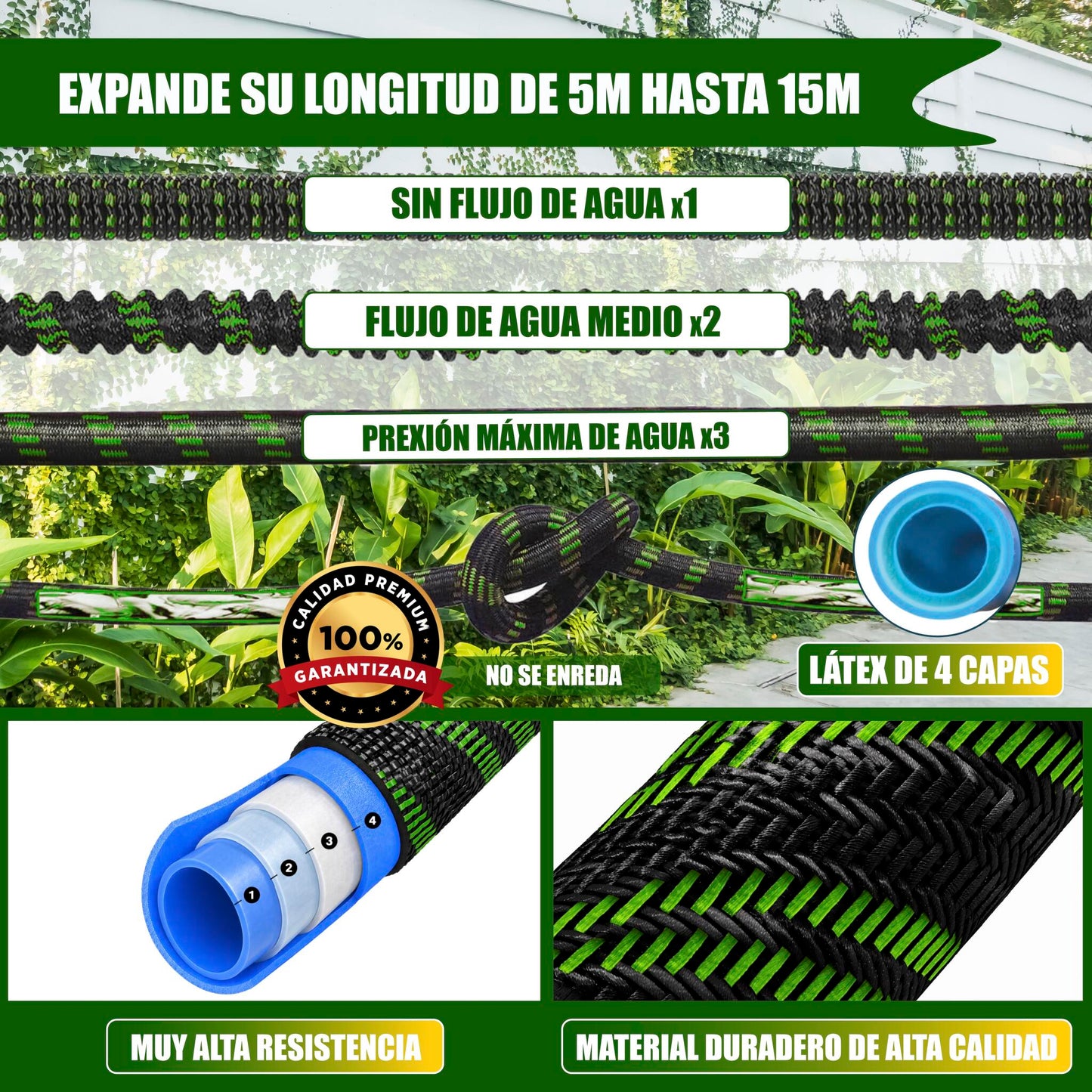 GREEN GOF Manguera De Jardín Premium 15m. 10 Funciones Pulverización, Ligera, Extensible. Alta Resistencia. Verde._2
