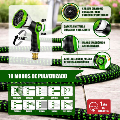 GREEN GOF Manguera De Jardín Premium 30m. 10 Funciones De Pulverización, Ligera, Extensible. Alta Resistencia. Verde_1