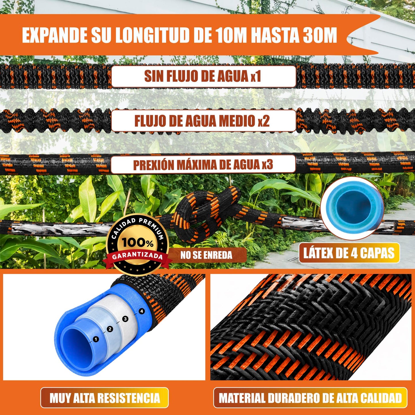 GREEN GOF Manguera De Jardín Premium 30m. 10 Funciones Pulverización, Ligera, Extensible. Alta Resistencia. Naranja._2