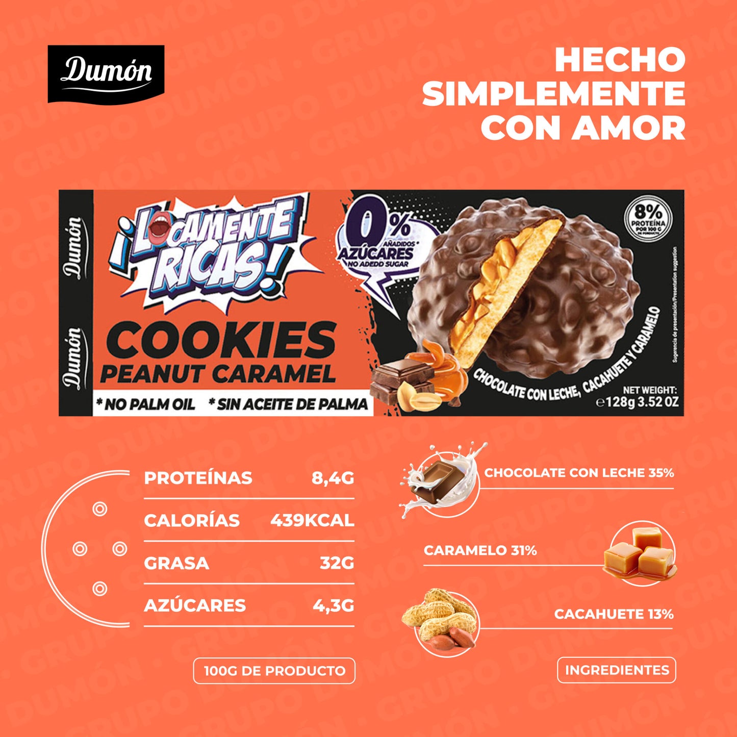 Galletas De Chocolate Con Leche, Cacahuete Y Caramelo, 128g - Dumón, Sin Azúcares Añadidos- Pack De 14 Unidades_2