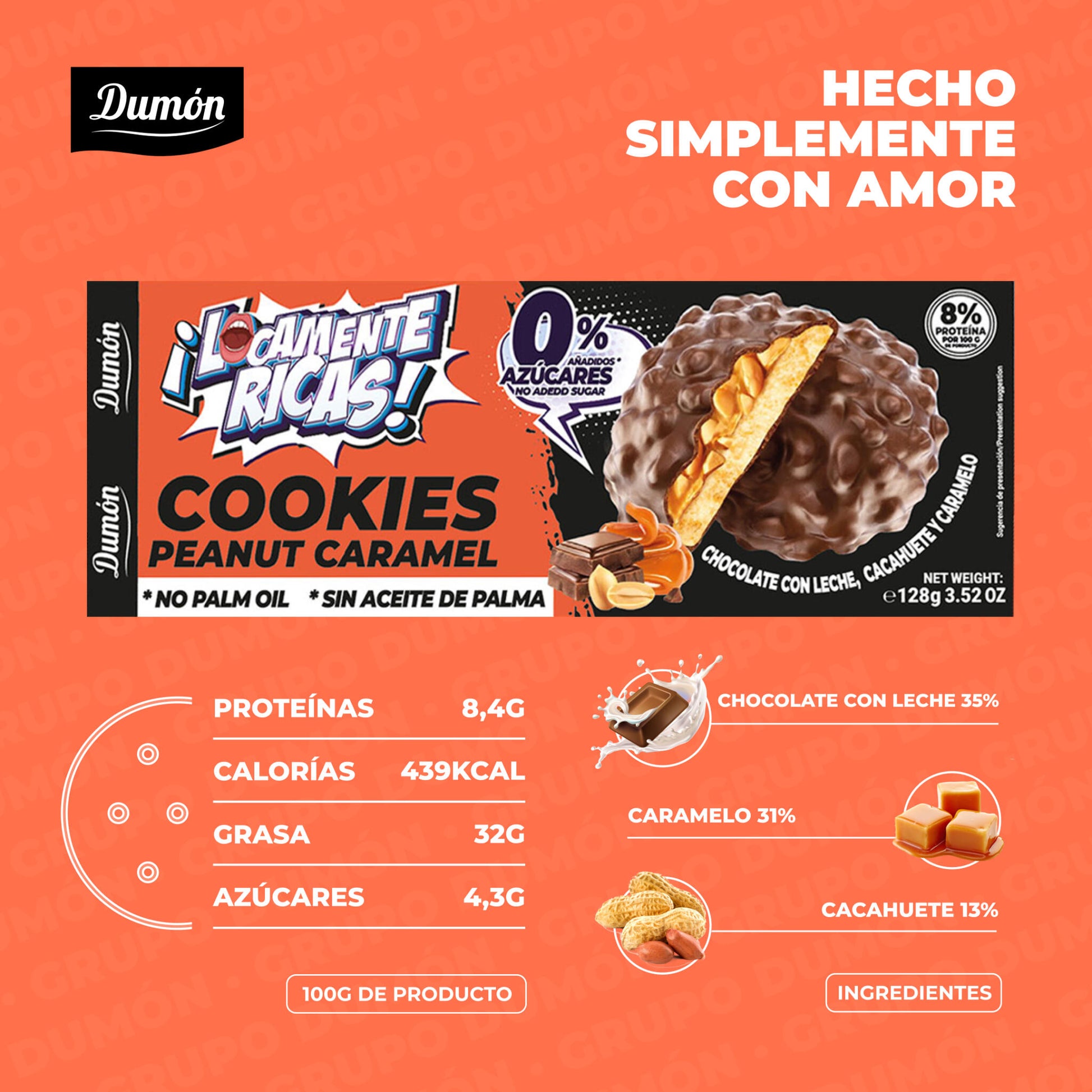 Galletas De Chocolate Con Leche, Cacahuete Y Caramelo, 128g - Dumón, Sin Azúcares Añadidos- Pack De 14 Unidades_2