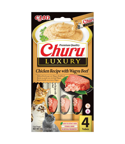 Snack Cremoso Luxury de Pollo y Wagyu para Gatos Churu 4 x 14 g - envase frontal