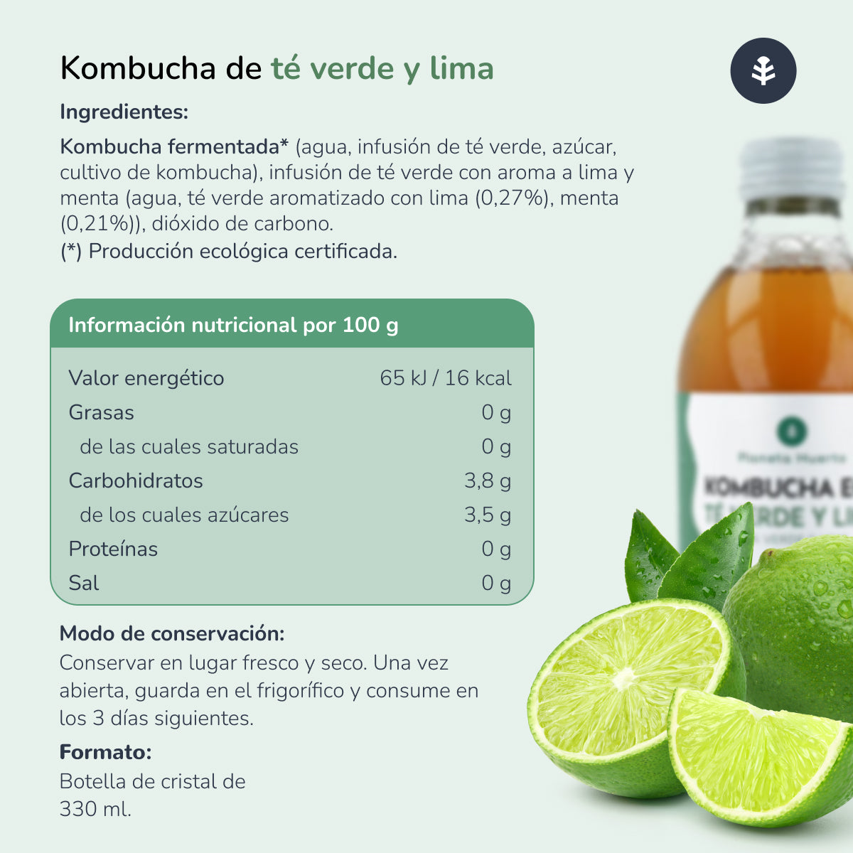 Kombucha ECO chá verde e limão Planeta Huerto 330 ml