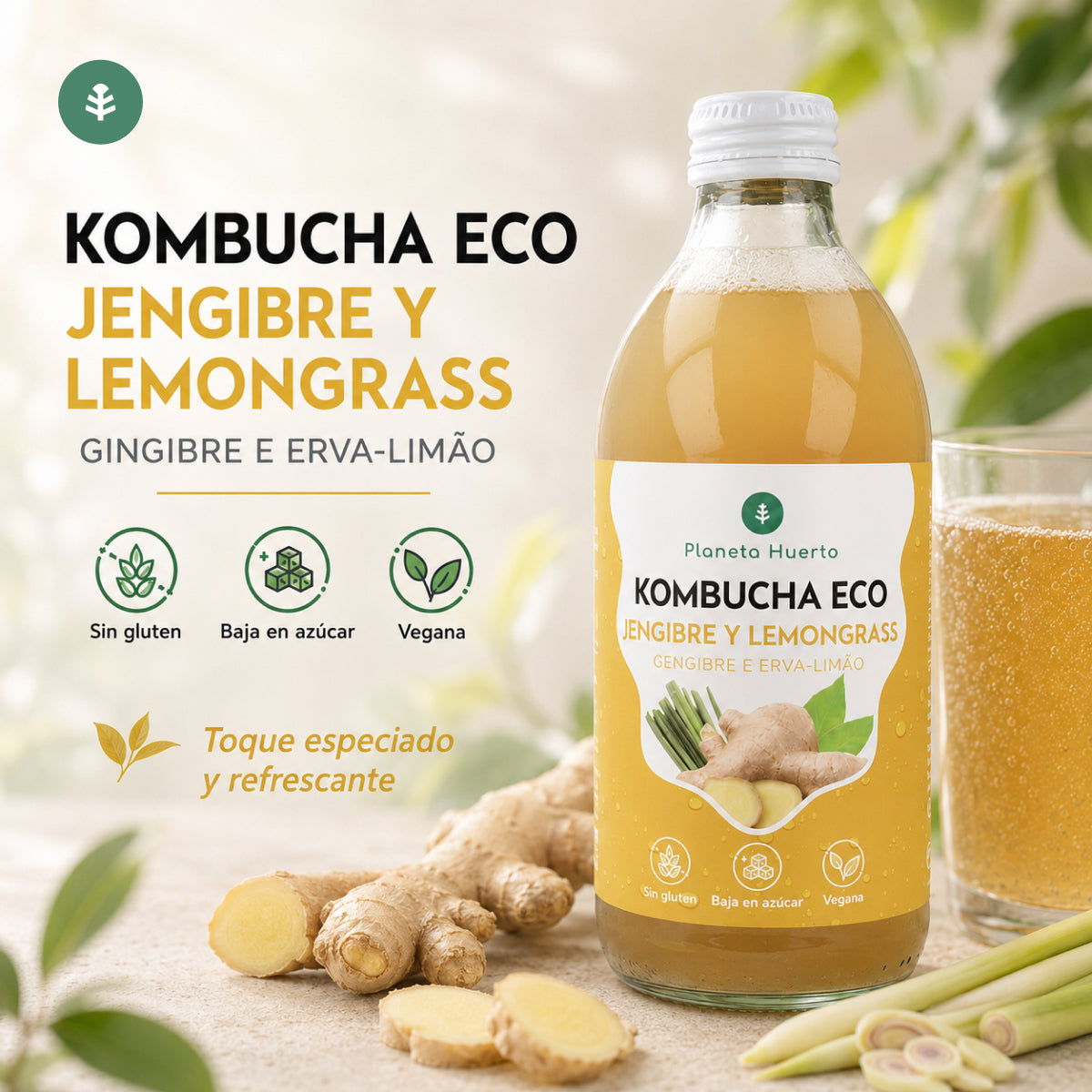 Kombucha ECO Gengibre e erva-príncipe Planeta Huerto 330 ml