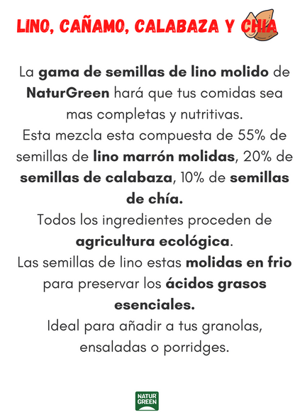 Sementes biológicas NaturGreen de linho, cânhamo, abóbora e chia 150 gr