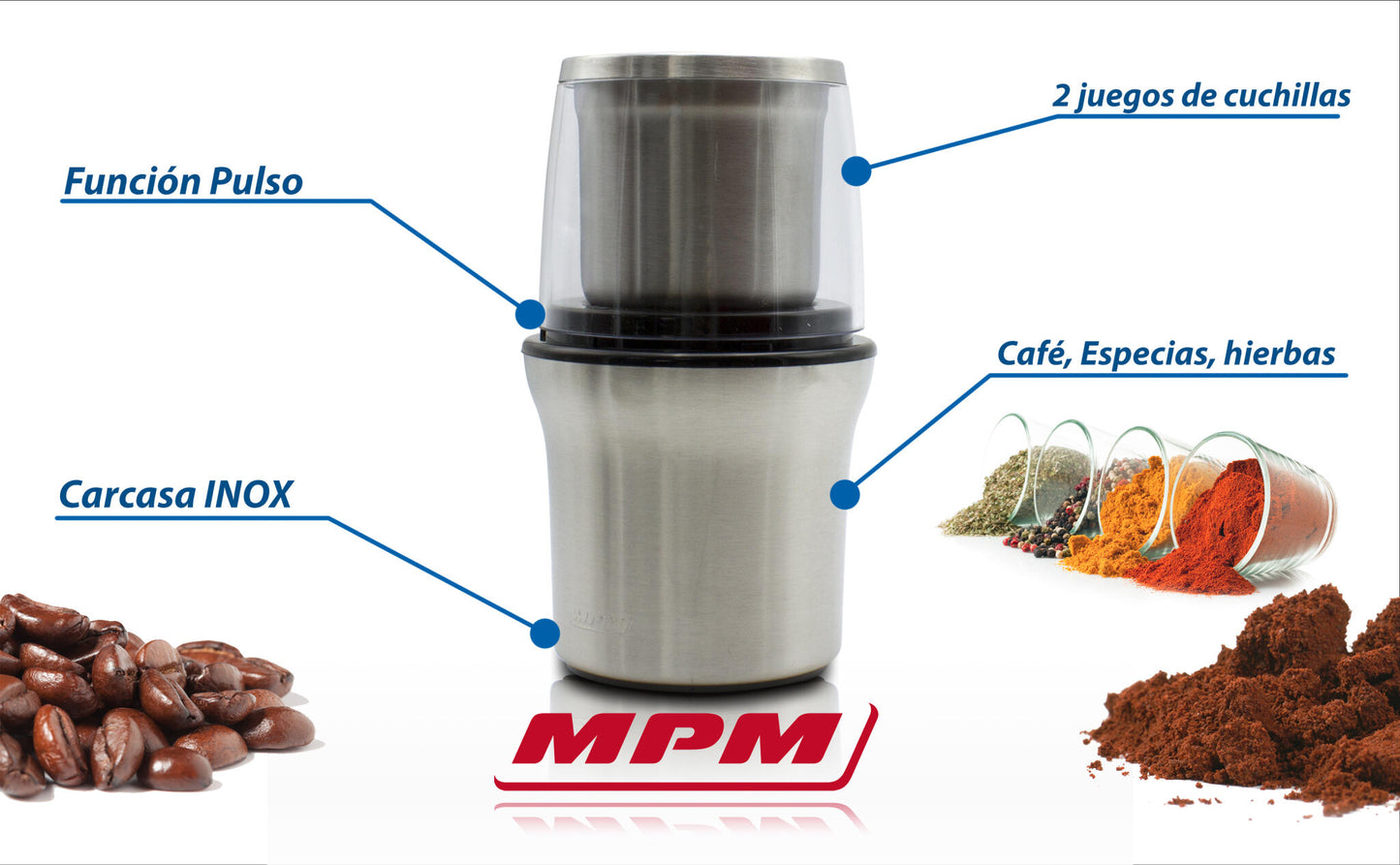 Molinillo Café Eléctrico, Picador Multiusos, Doble Cuchilla Corte Y 2 Vasos En Acero Inox, Función Pulso Mpm Mmk-06m, Plata, 200w_4