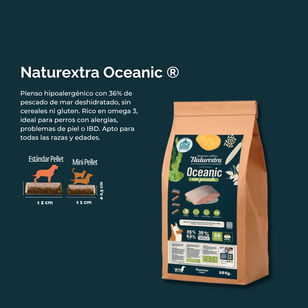 Pienso prensado en frío en Pellets Mini Oceanic para perros con pescado blanco 2 kg NaturExtra