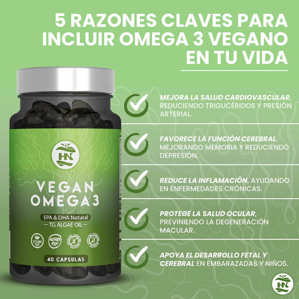 Omega 3 Vegano De Algas, 40 Caps Con Vitamina E, Ideal Para Cerebro Y Corazón, Seplemento Para Veganos-vegetarianos_1
