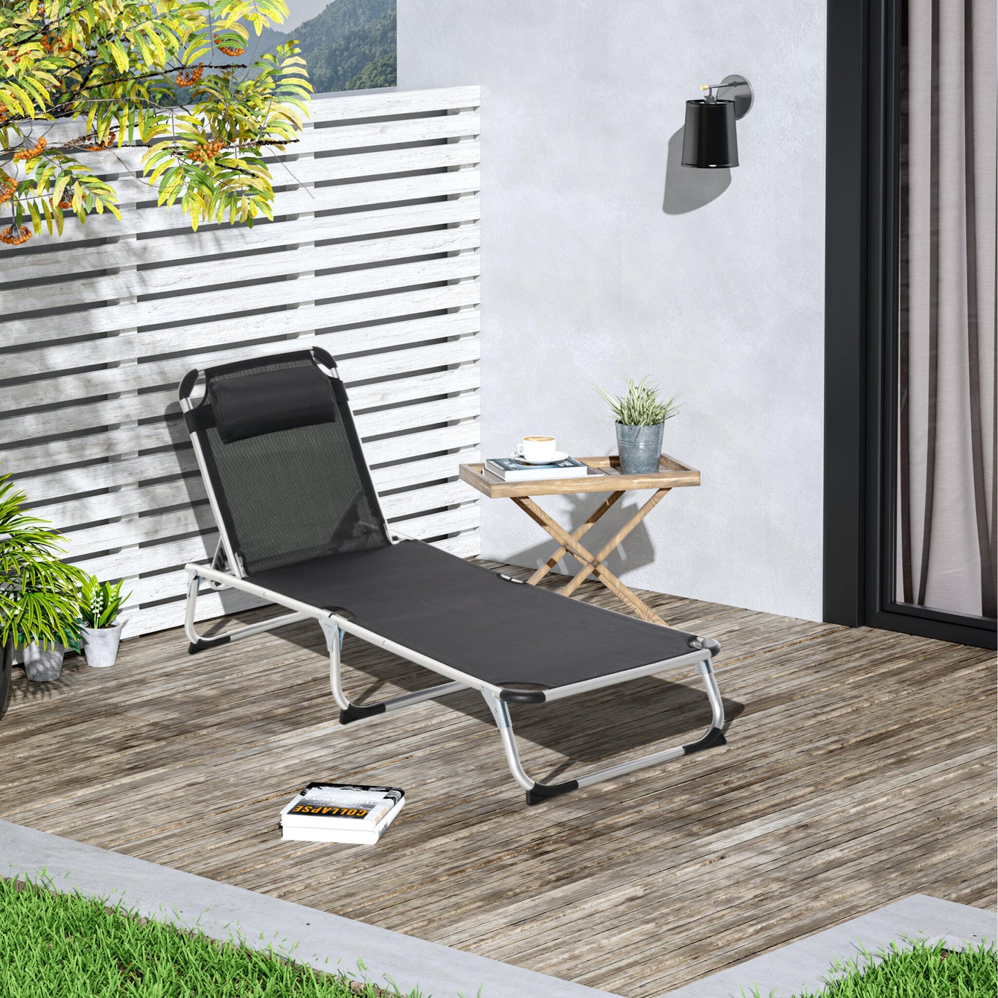 Outsunny Tumbona Plegable Con Reposacabezas Respaldo Ajustable 170x60x76cm Negro_1