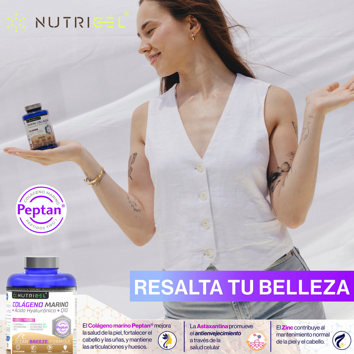 Colágeno marino Peptan® + Ácido hialurónico + CoQ10 Nutricel 60 cápsulas