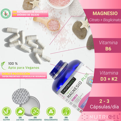 Magnesio Plus Citrato 1577mg + Bisglicinato Nutricel 600mg 180 cápsulas