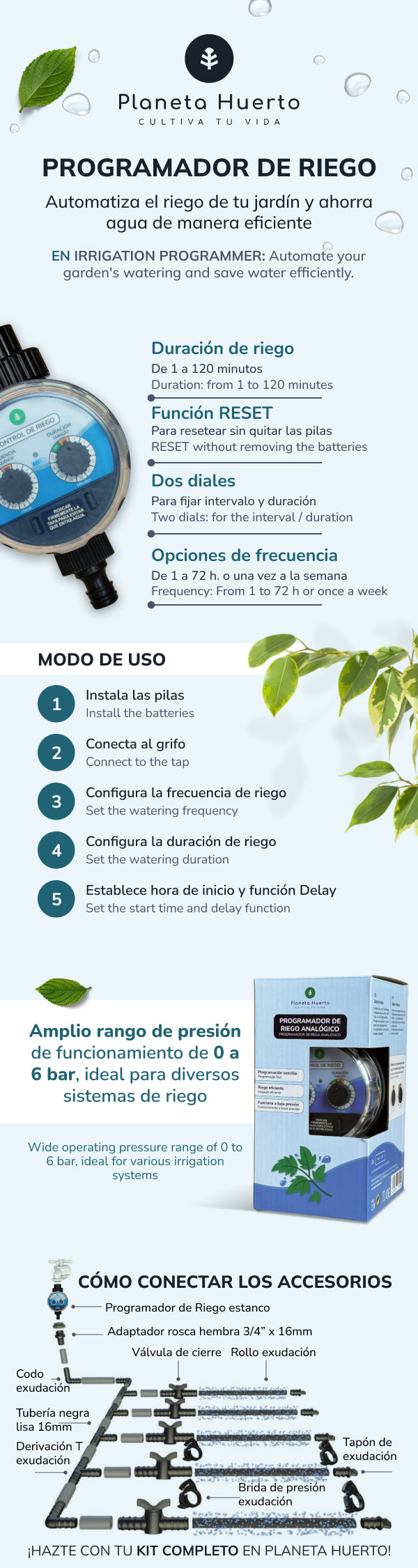 Programador de rega selado Planeta Huerto 0-6 bar