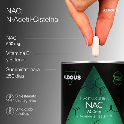 NAC N-Acetil-Cisteína con Vitamina E y Selenio 250 Cápsulas Aldous Bio