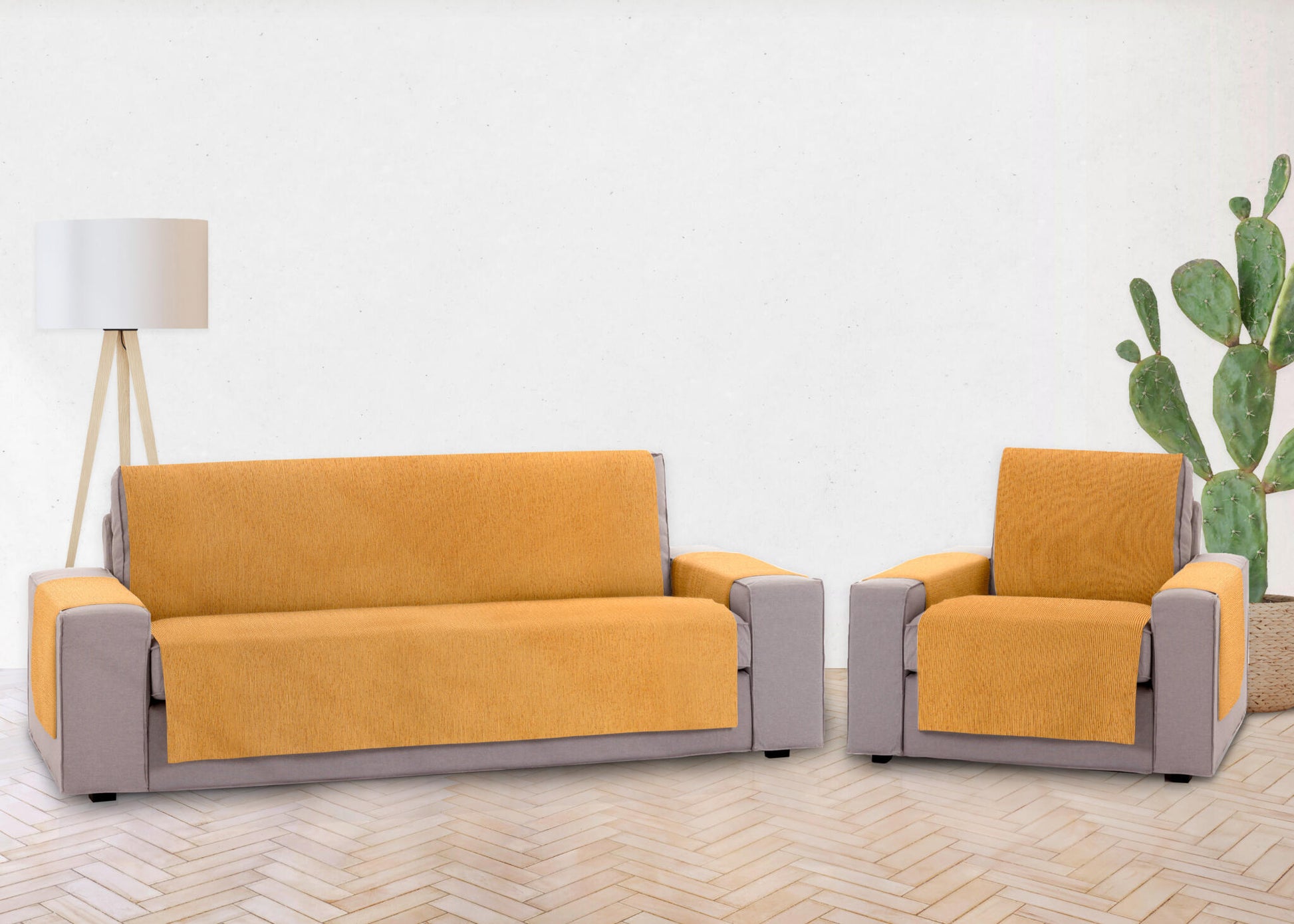 Pack 1 Plaza Y 4 Plazas Protector Funda Sofa. Cubresofa. Chenilla Lisa. Diseño Elite. Color Ocre_2