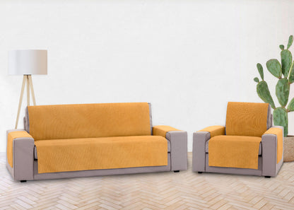 Pack 1 Plaza Y 4 Plazas Protector Funda Sofa. Cubresofa. Chenilla Lisa. Diseño Elite. Color Ocre_2