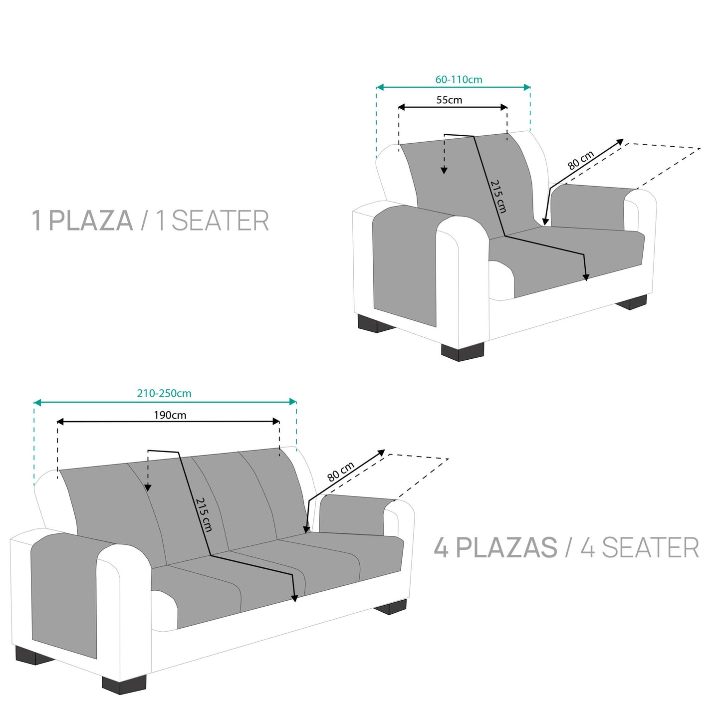 Pack 1 Plaza Y 4 Plazas Protector Funda Sofa. Cubresofa. Chenilla Lisa. Diseño Elite. Color Marfil_3
