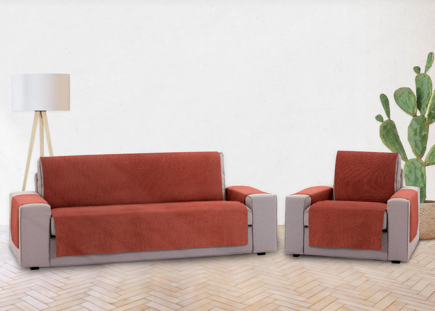 Pack 1 Plaza Y 4 Plazas Protector Funda Sofa. Cubresofa. Chenilla Lisa. Diseño Elite. Color Teja_2