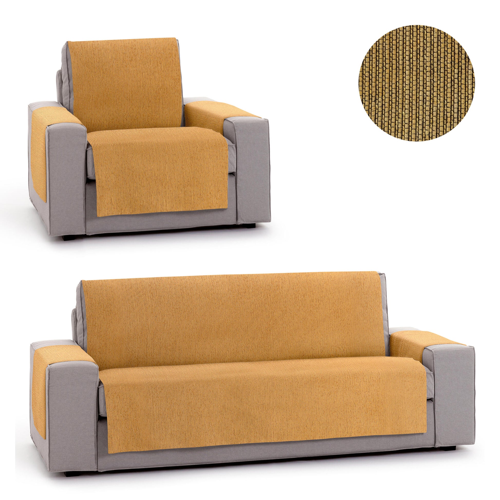 Pack 1 Plaza Y 4 Plazas Protector Funda Sofa. Cubresofa. Chenilla Lisa. Diseño Elite. Color Ocre_0