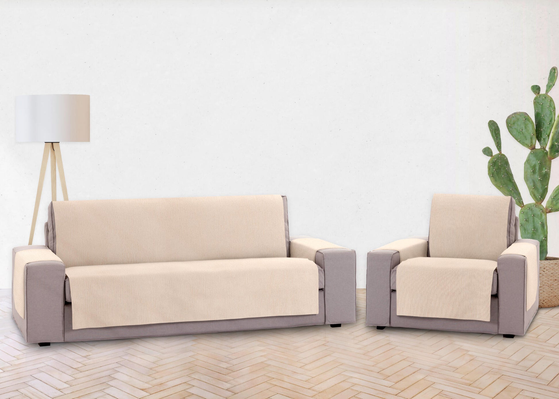Pack 1 Plaza Y 4 Plazas Protector Funda Sofa. Cubresofa. Chenilla Lisa. Diseño Elite. Color Marfil_2