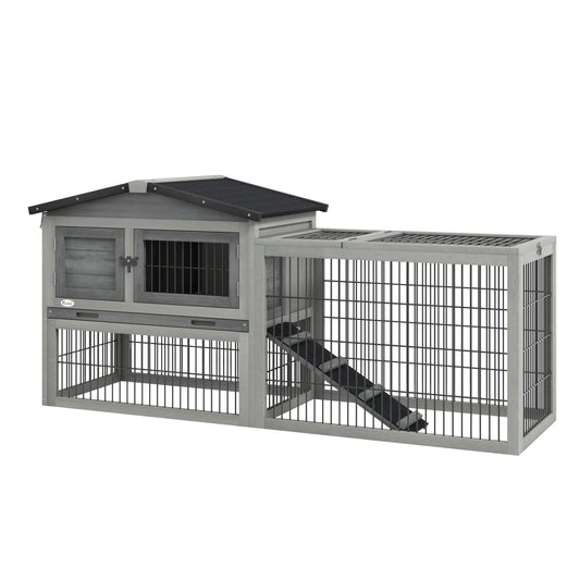 Pawhut Conejera Exterior De Madera 150x52x68 Cm Techo Abatible Bandeja Gris_0