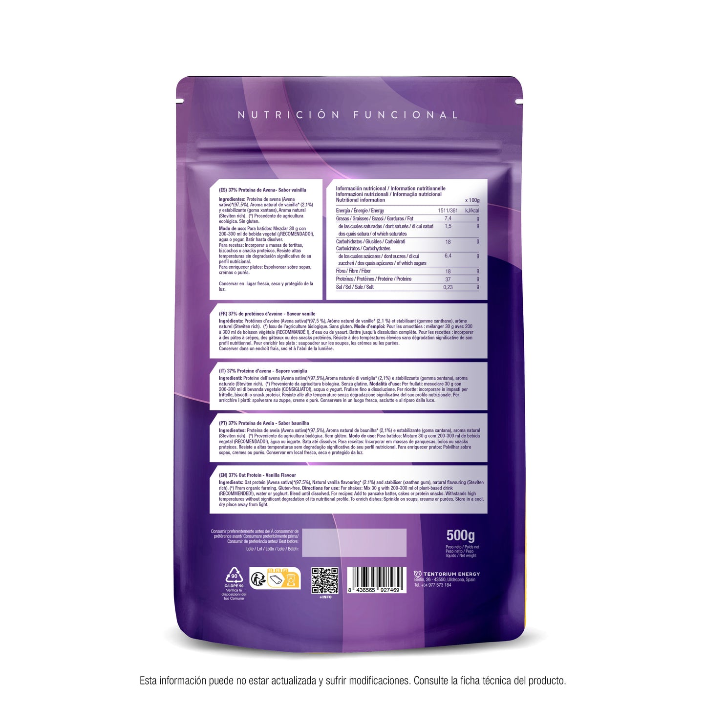 Proteína de avena sabor vainilla eco Energy Feelings 500 g XL Pack