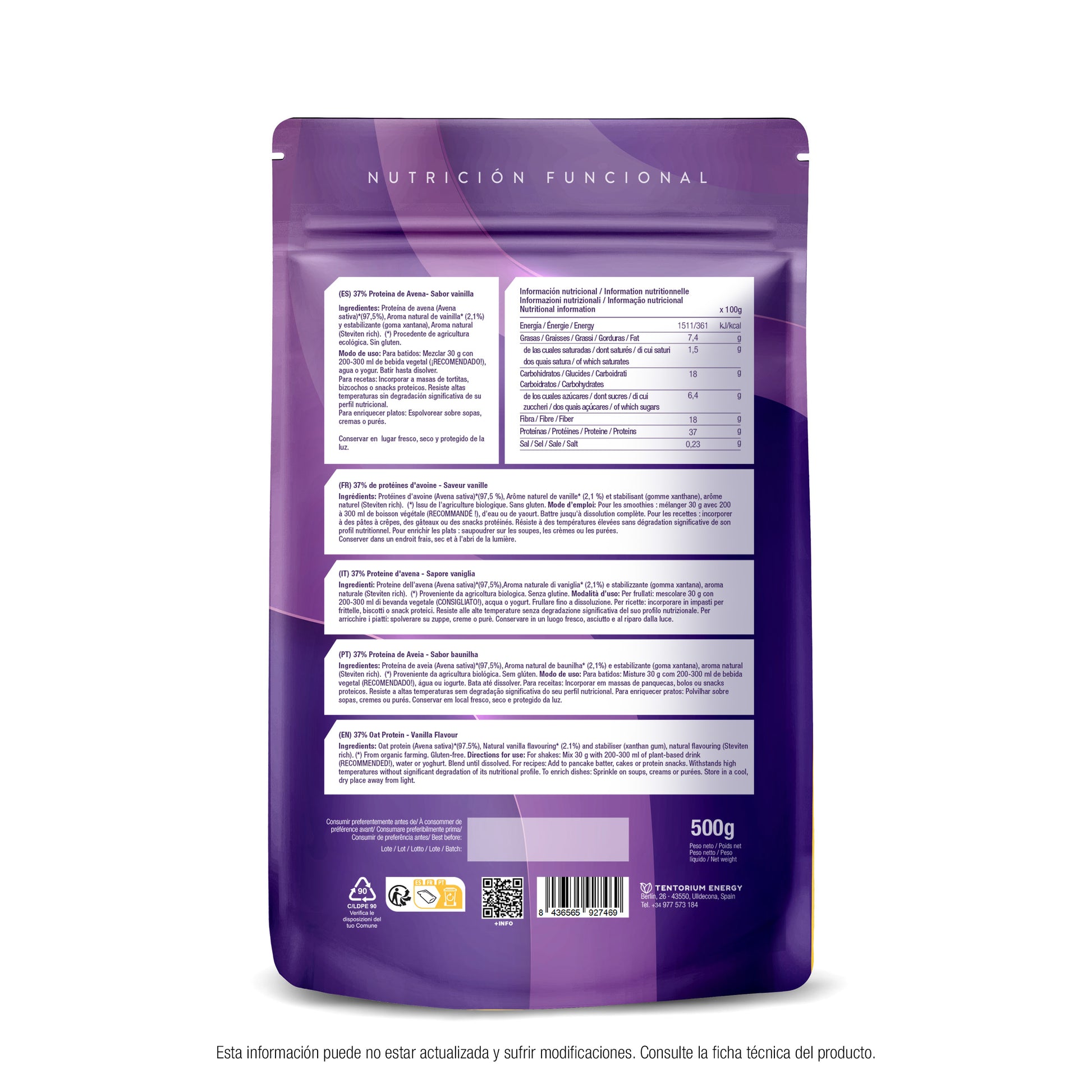 Proteína de avena sabor vainilla eco Energy Feelings 500 g XL Pack