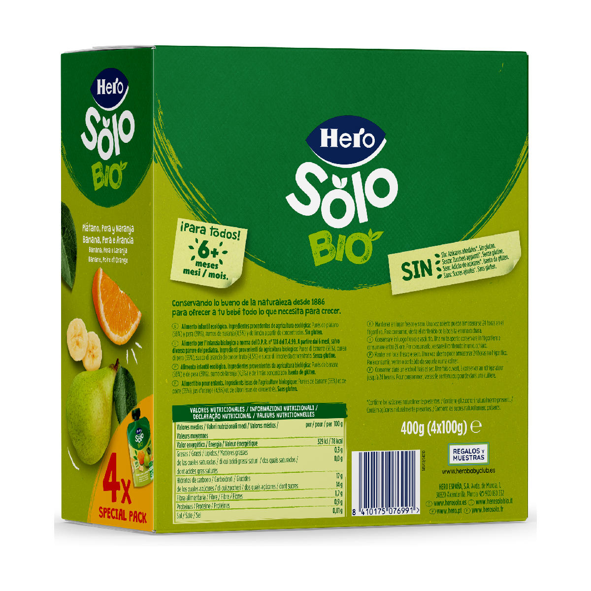 Saco de Fruta 100% Biológica Sabor Banana, Pêra e Laranja 4x100 g - Hero Solo