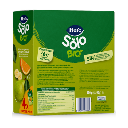 Saco de Fruta 100% Biológica Sabor Banana, Pêra e Laranja 4x100 g - Hero Solo