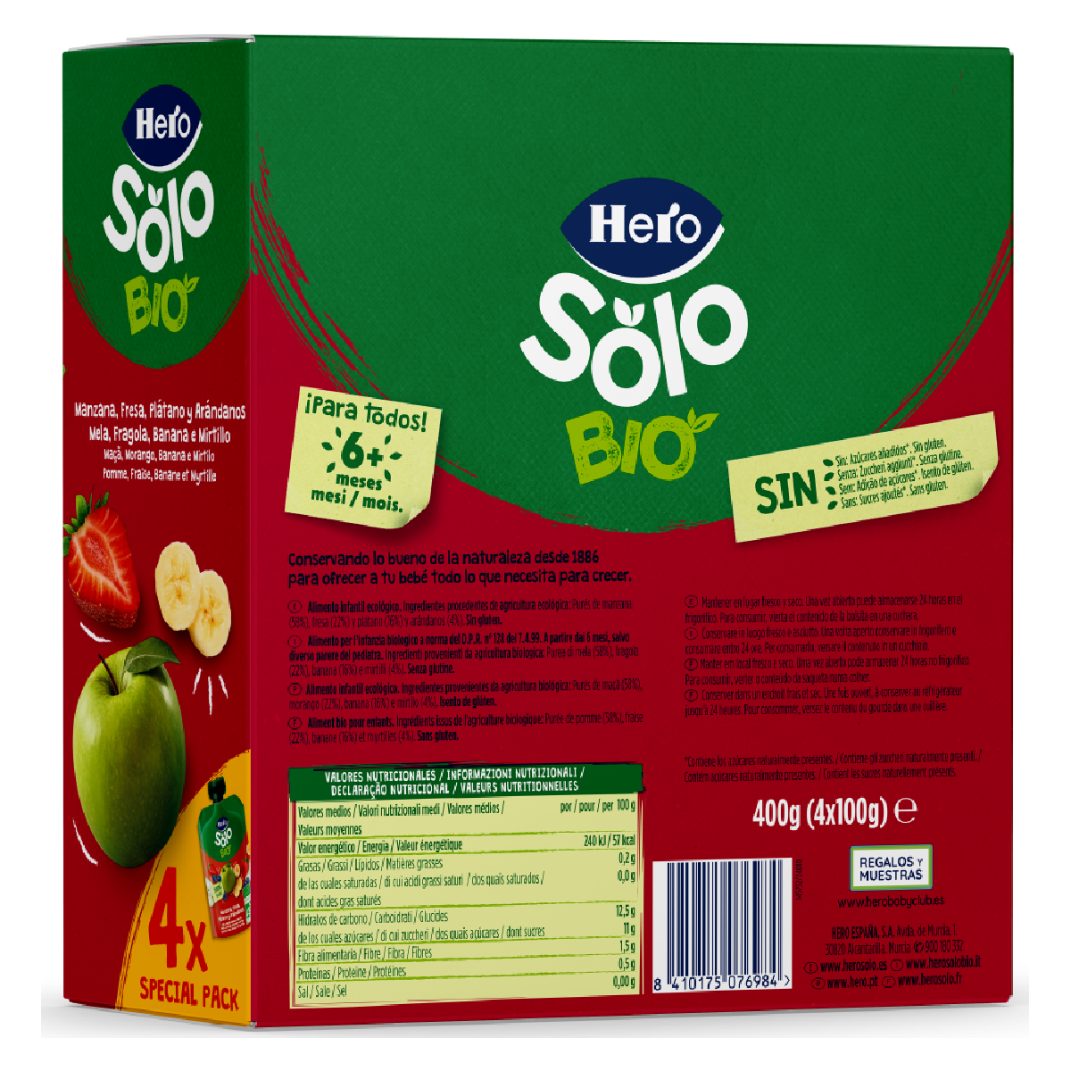 Saco de fruta 100% biológico sabor maçã, morango, banana e mirtilo 4x100 g-Hero Solo
