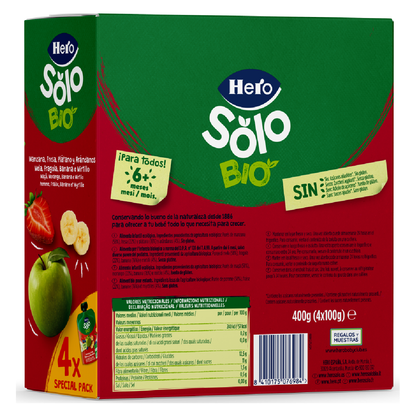 Saco de fruta 100% biológico sabor maçã, morango, banana e mirtilo 4x100 g-Hero Solo