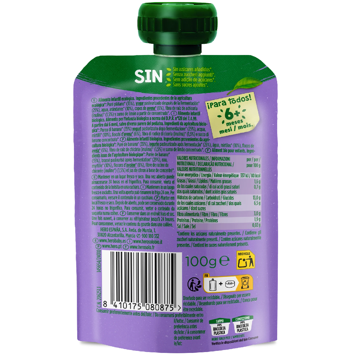 Nutri Flora Sabor Banana, Mirtilo, Iogurte e Aveia Saquetas 100g Hero Solo