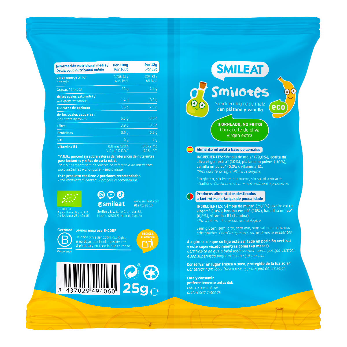 Smilotes de Plátano y Vainilla Snack infantil Ecológico Smileat 25 g