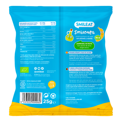 Smilotes de Plátano y Vainilla Snack infantil Ecológico Smileat 25 g