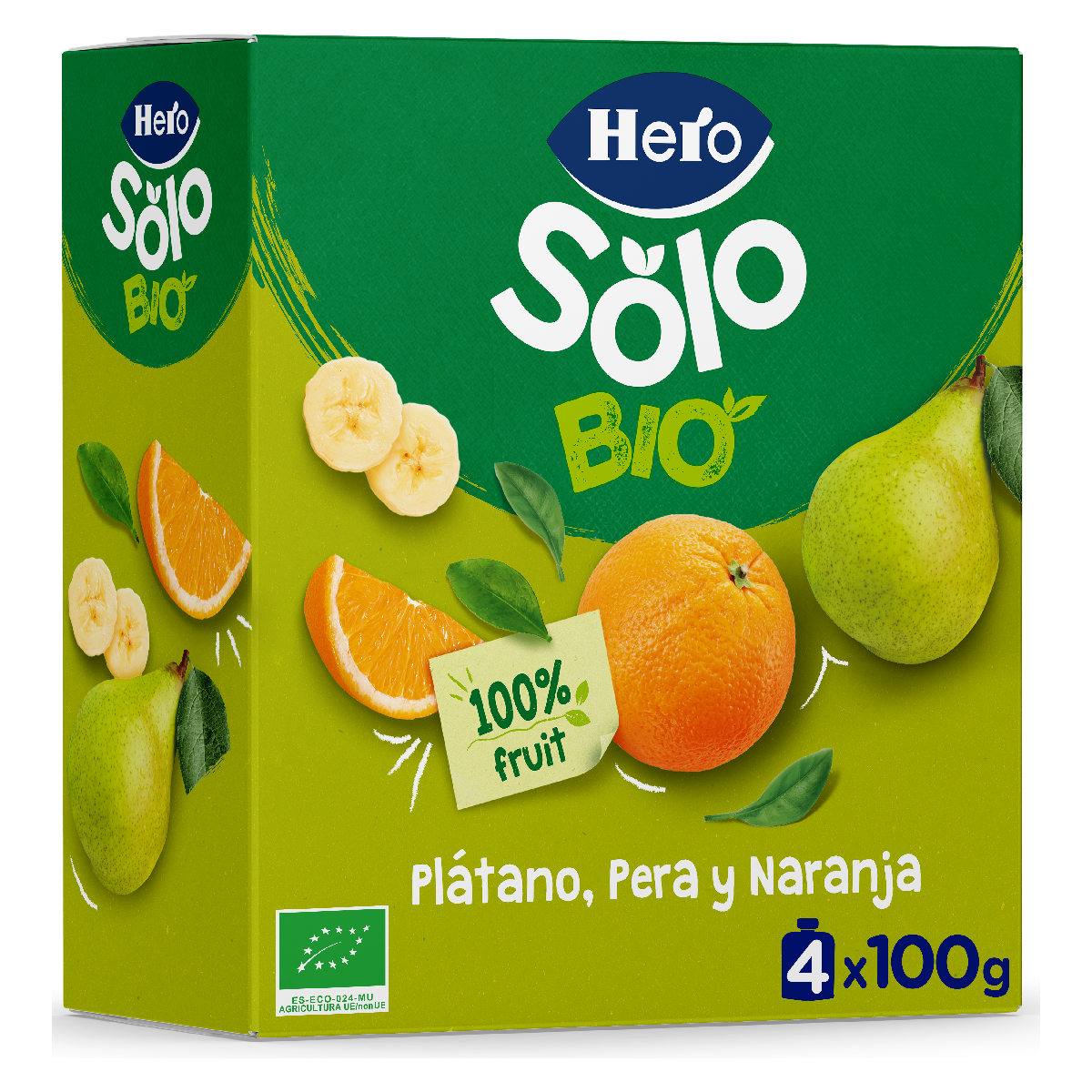 Saco de Fruta 100% Biológica Sabor Banana, Pêra e Laranja 4x100 g - Hero Solo