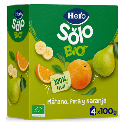 Saco de Fruta 100% Biológica Sabor Banana, Pêra e Laranja 4x100 g - Hero Solo