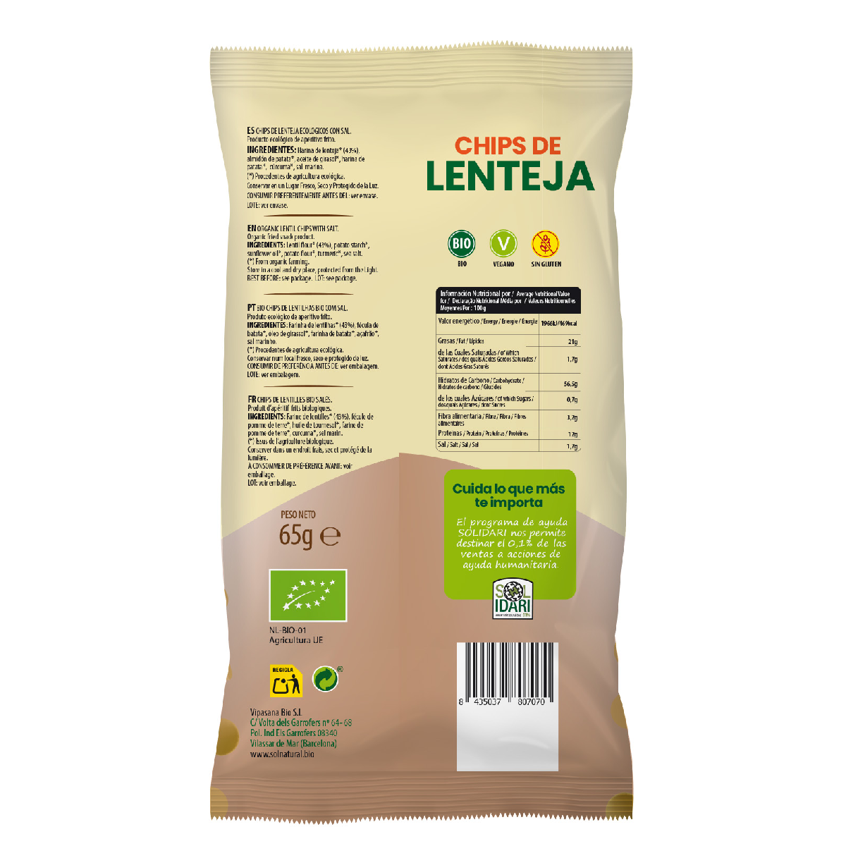 Chips de Lentilhas Orgânicas Sol Natural 65 g