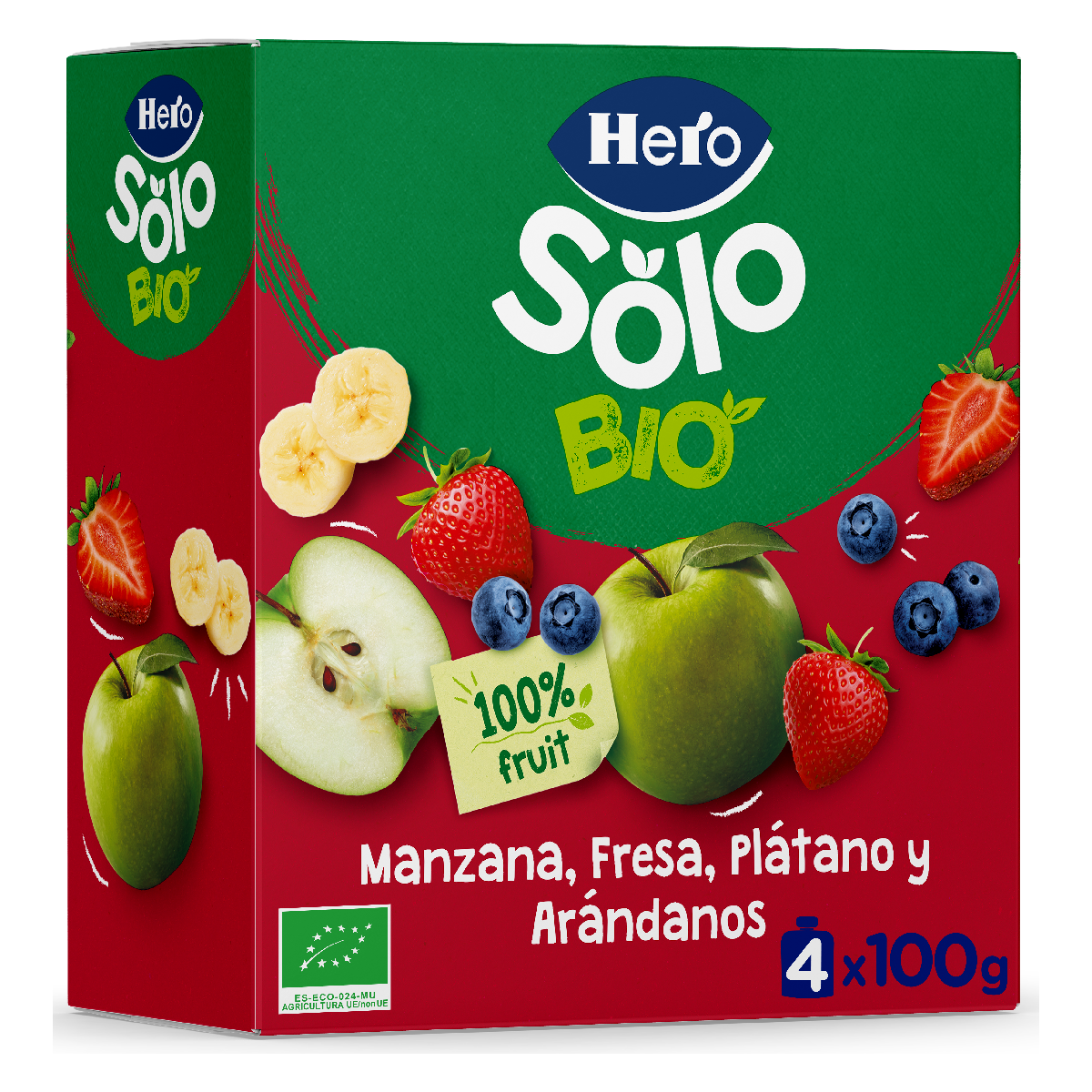 Saco de fruta 100% biológico sabor maçã, morango, banana e mirtilo 4x100 g-Hero Solo
