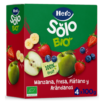 Saco de fruta 100% biológico sabor maçã, morango, banana e mirtilo 4x100 g-Hero Solo