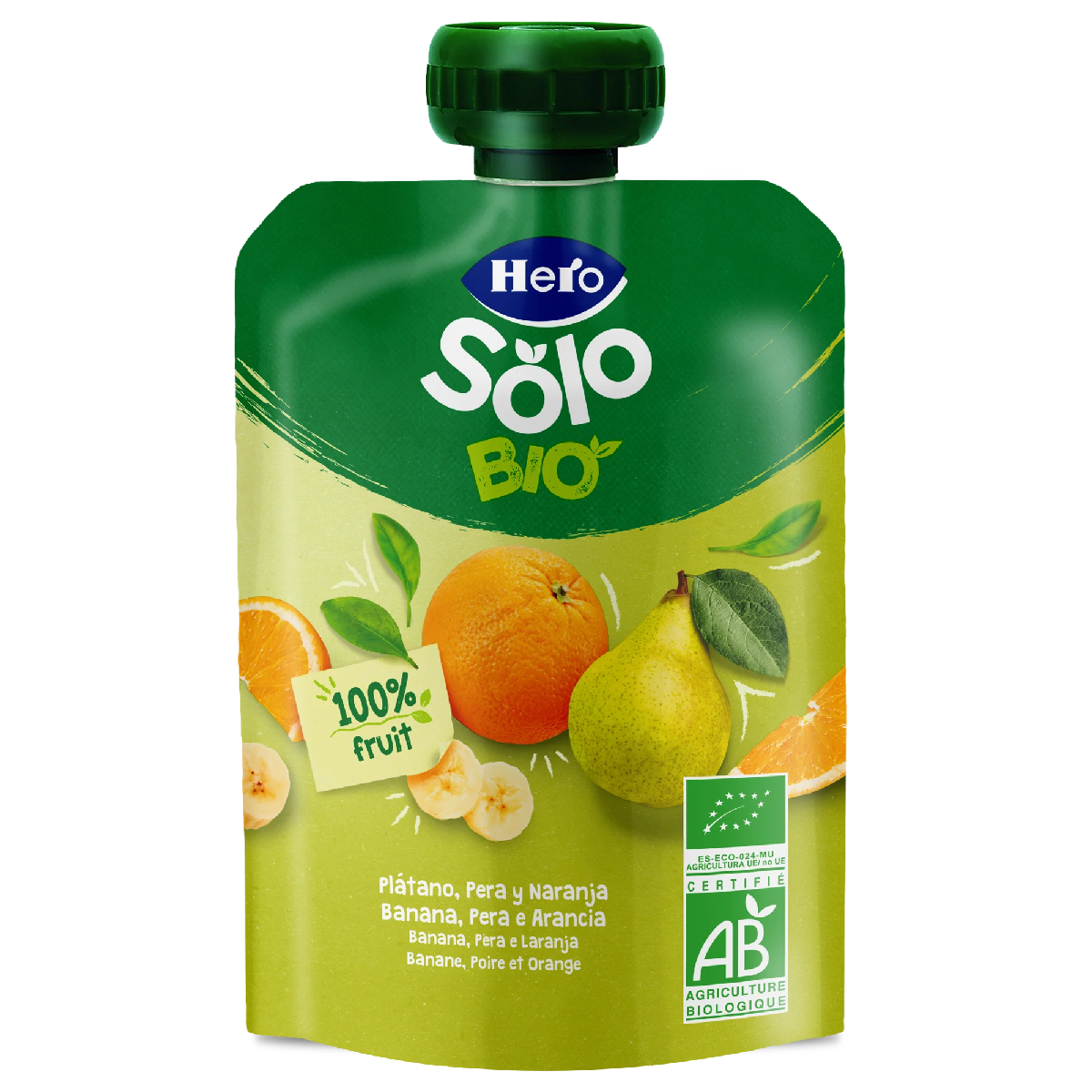 Saco de Fruta 100% Biológica Sabor Banana, Pêra e Laranja 100g - Hero Solo