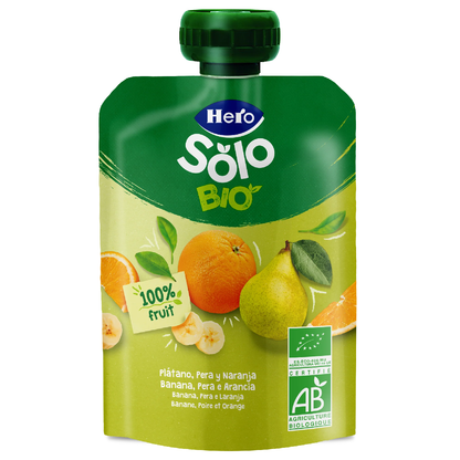 Saco de Fruta 100% Biológica Sabor Banana, Pêra e Laranja 100g - Hero Solo