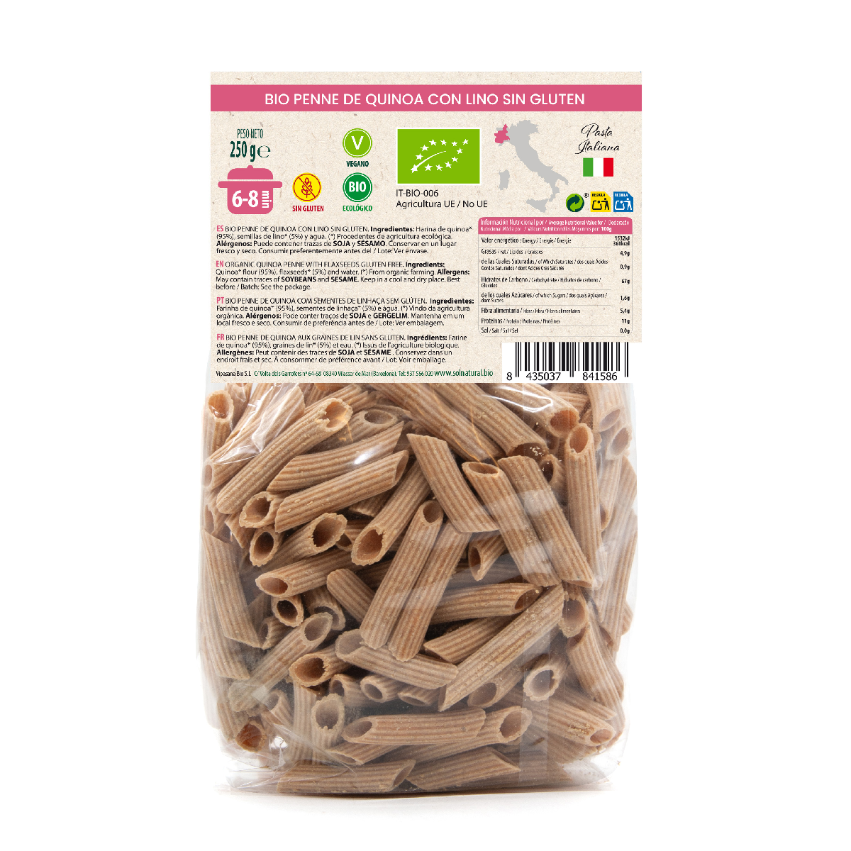 Noodles de quinoa biológica sem glúten com linhaça Sol Natural 250 g