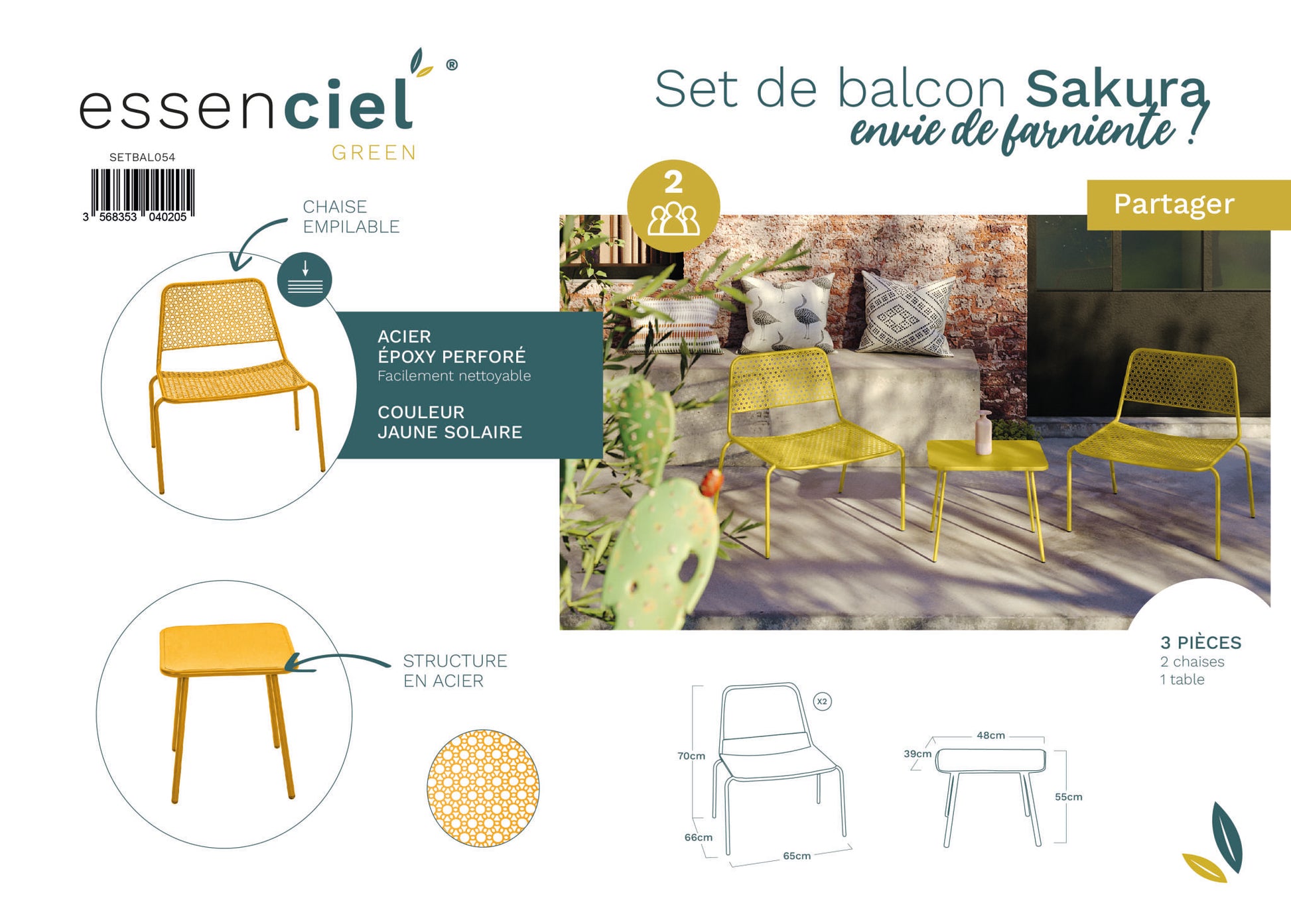 Sakura Set De Jardín De 2 Plazas De Acero Amarillo Solar 2 Sillones + 1 Mesa - Mobiliario De Jardín_3