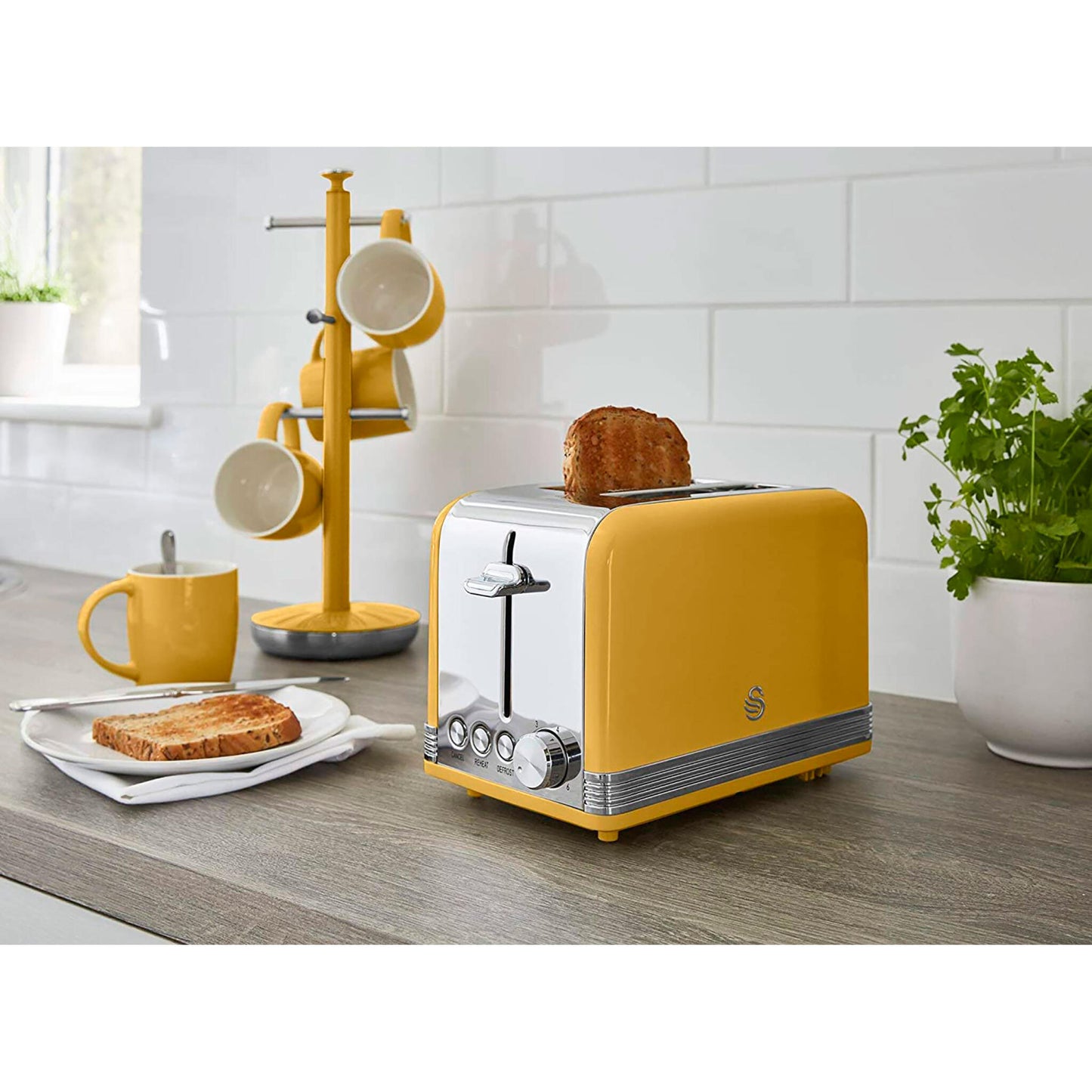 Swan Retro Tostadora Pan Ranura Ancha 2 Rebanadas, Regulador Nivel De Tostado, Descongelación, St19010yelneu, Amarillo_2