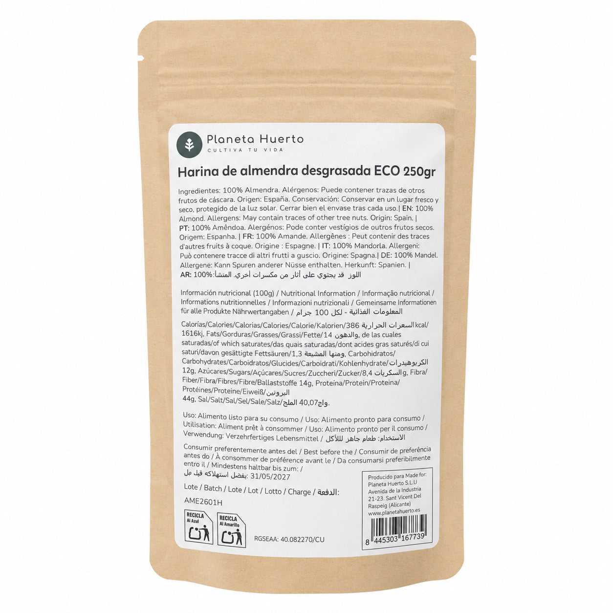 Farinha de amêndoa desengordurada Planeta Huerto ECO 250 g